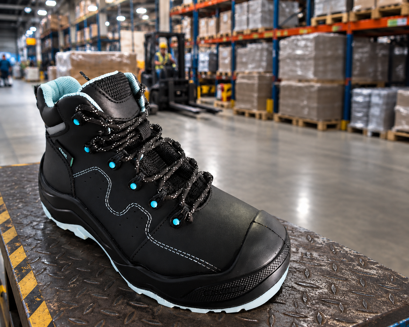 Bota industrial negra con detalles azules, modelo 141902, en almacén
