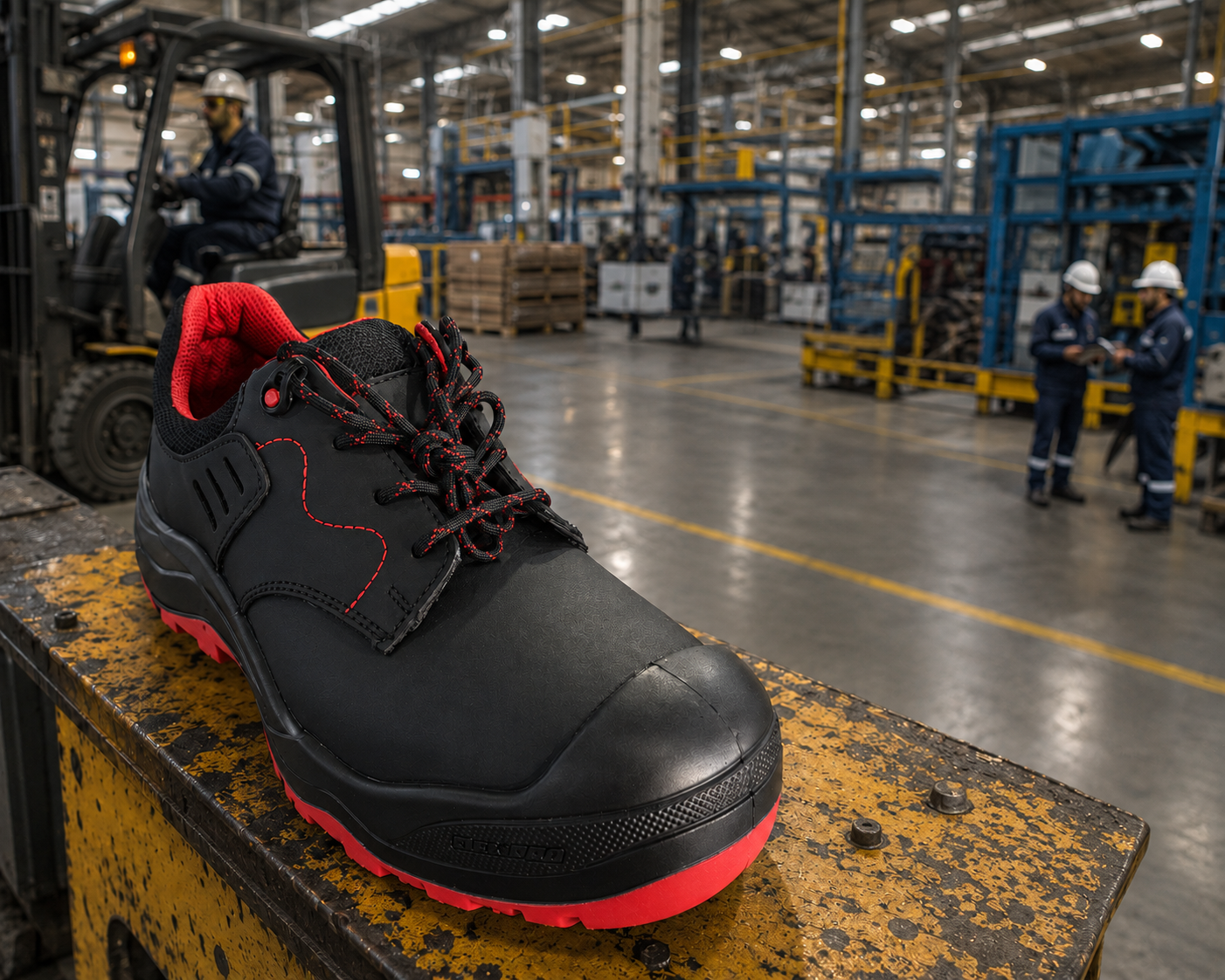 Calzado industrial negro con suela roja, modelo 424703, en fábrica