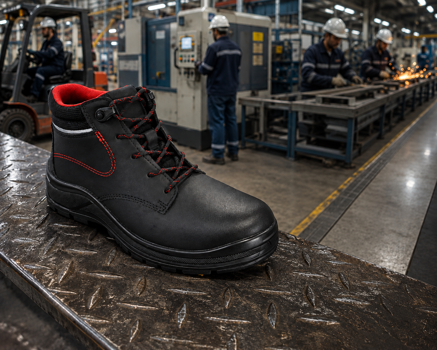 Bota industrial negra con detalles rojos, modelo 424902, en planta de producción