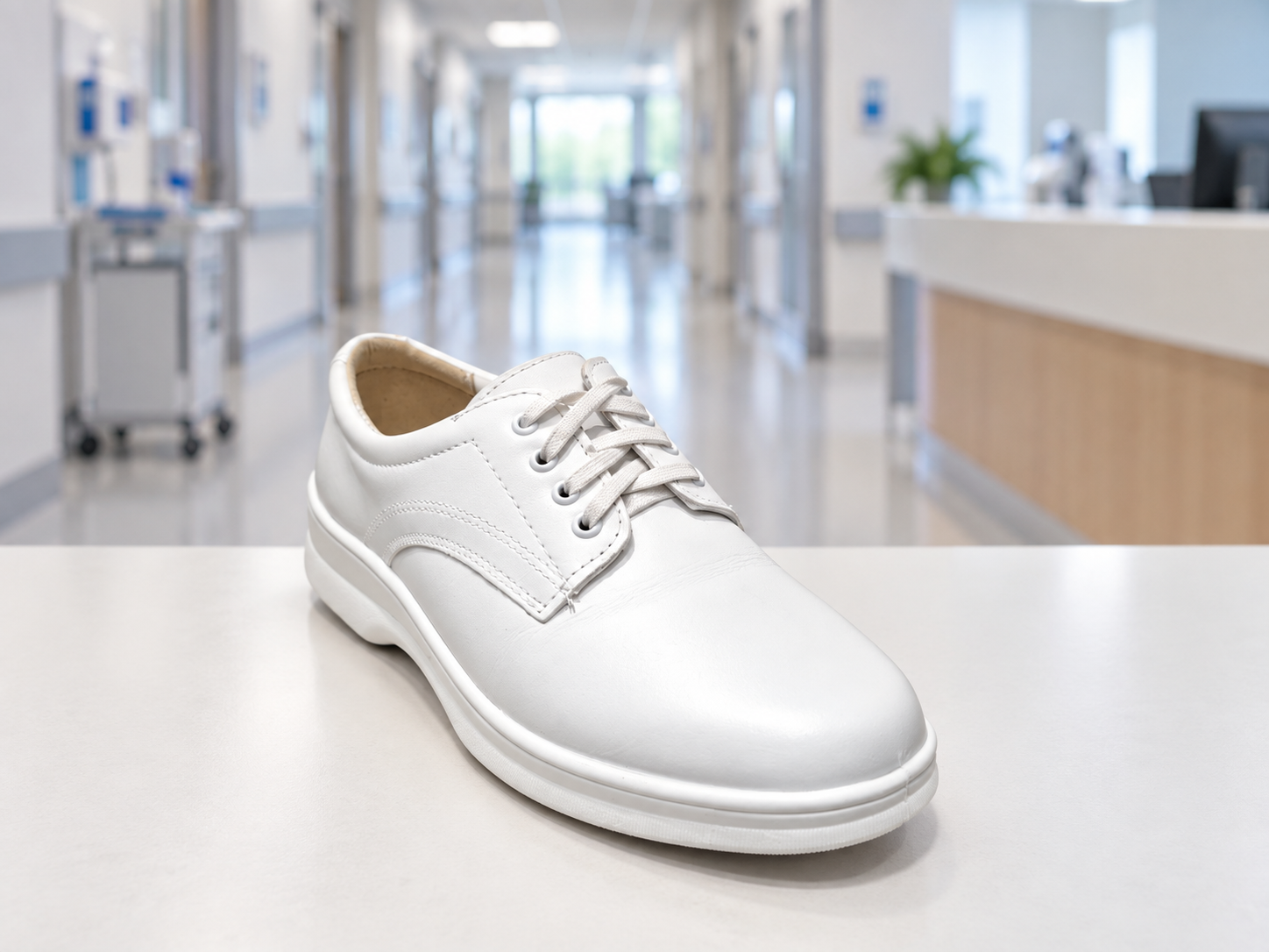 Calzado médico blanco en ambiente clínico