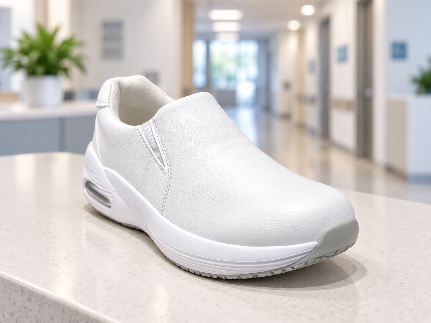 Zapato médico blanco sin agujetas, modelo 131506, en ambiente clínico