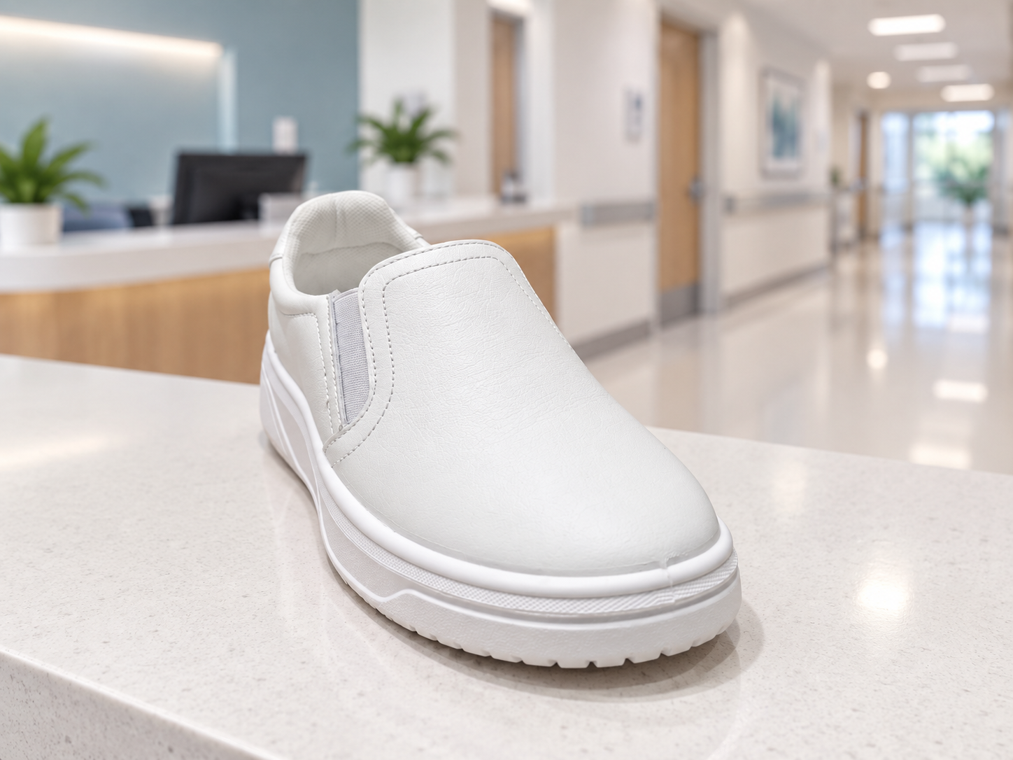 Zapato médico blanco sin agujetas, modelo 136606, en ambiente clínico