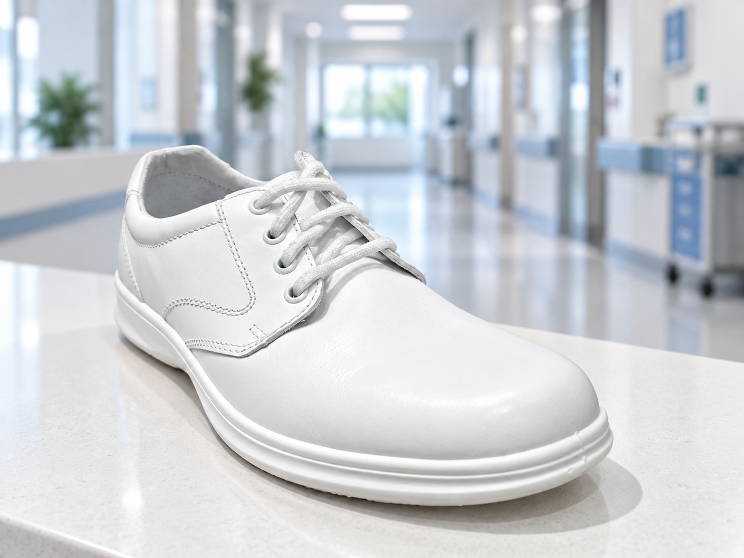 Zapato médico blanco de agujetas, modelo 63201, en ambiente clínico