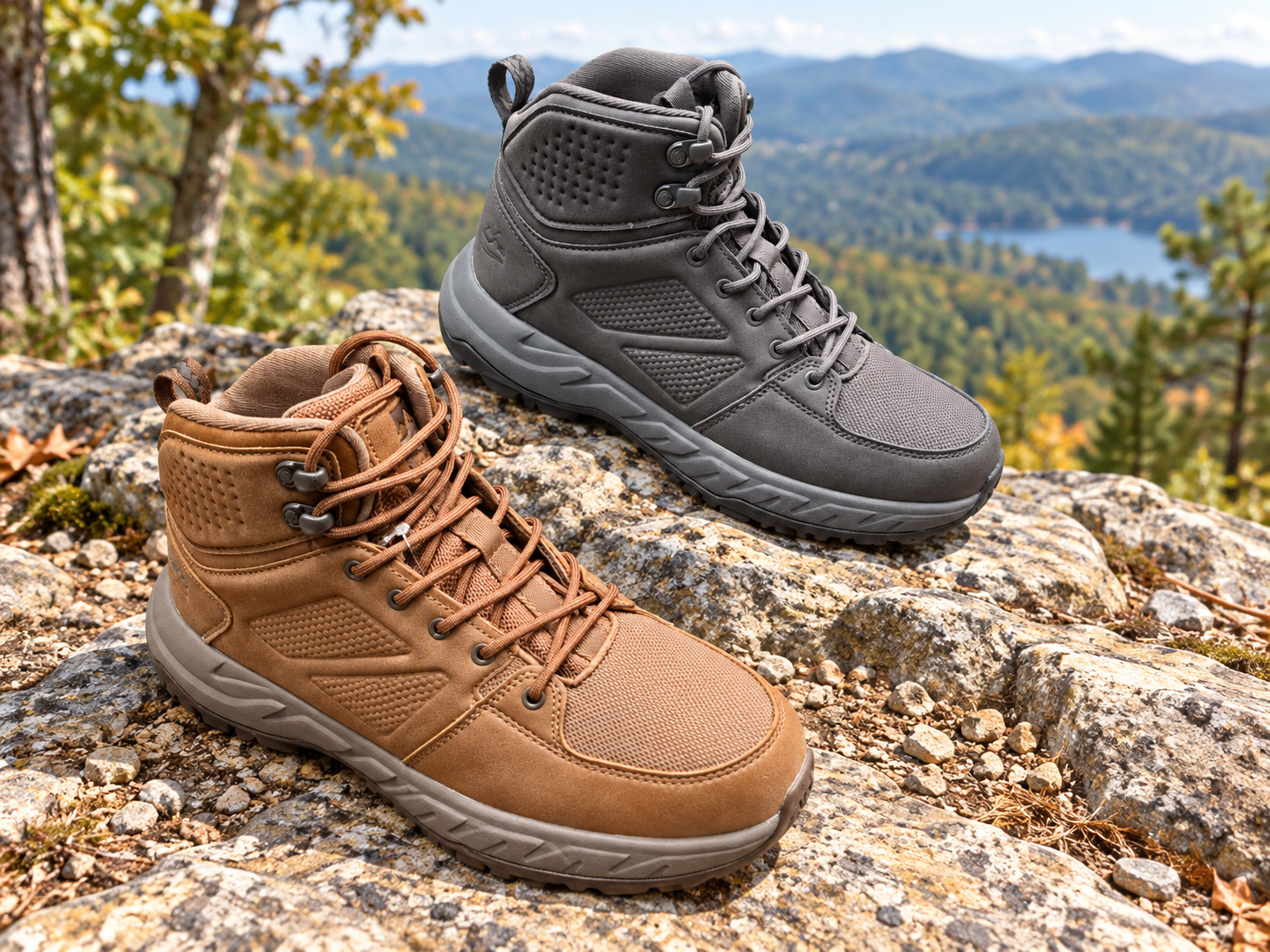 Botas outdoor modelo 421105 en gris y arena, en entorno natural