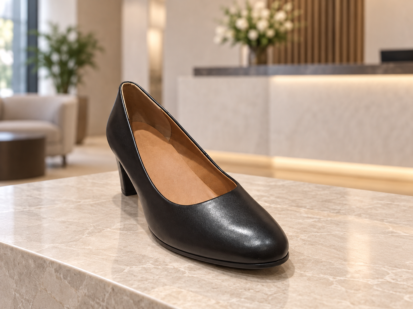 Zapato negro de tacón, modelo 143901, en entorno corporativo