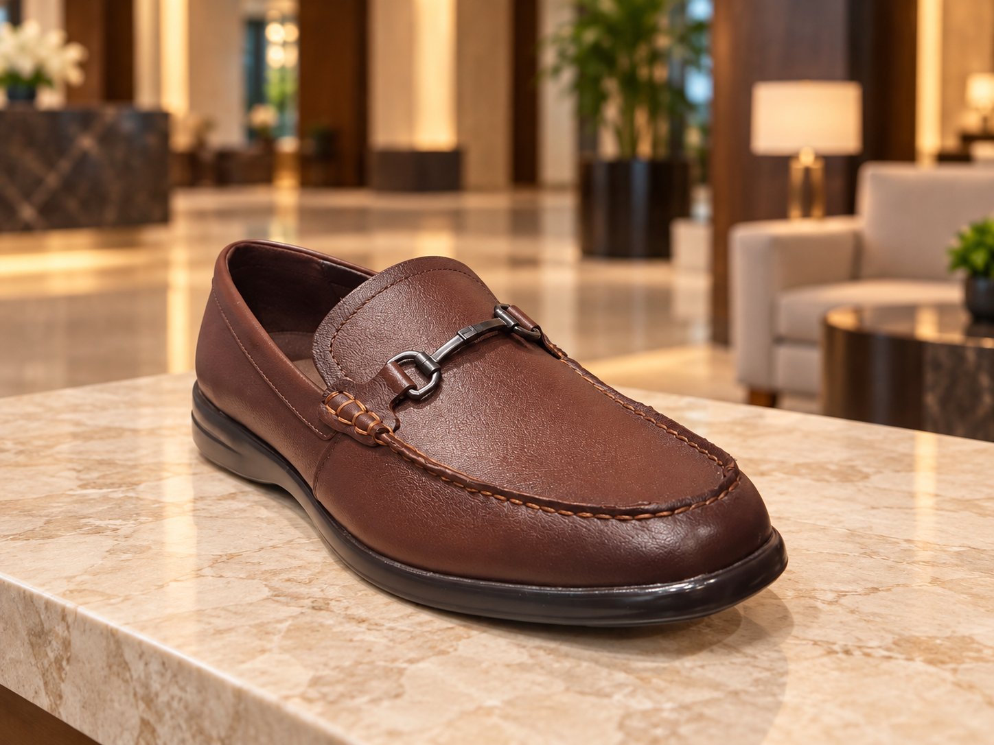 Mocasín color nogal, modelo 423004, en entorno de servicio